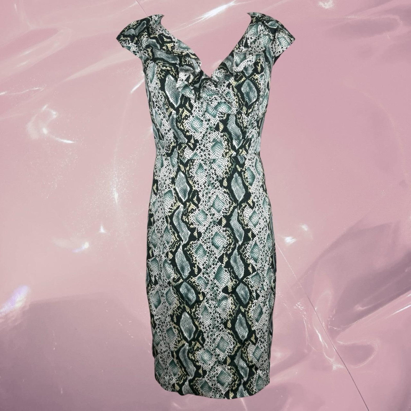 Y2k Green Snake Print Silk Bodycon Dress With Ruffle Neckline And Zipper Back